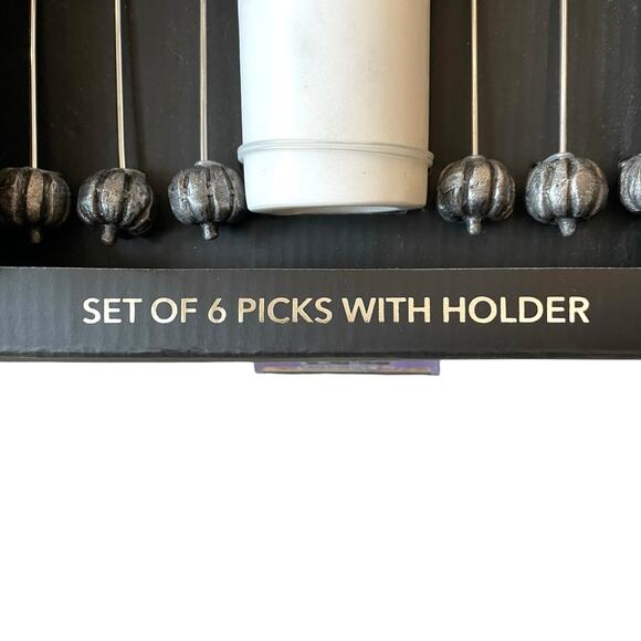 6pc Fall PUMPKIN Metal Cocktail Picks & White Marble Holder Holiday Hosting NEW - Picture 2 of 9